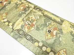 引箔　地紙に御所車・枝垂れ柳模様織り出し　振袖用袋帯